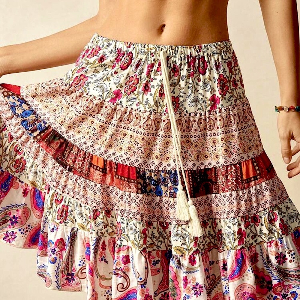 Trend Boho Patchwork Pink Floral Plus SZ 2X Midi Skirt